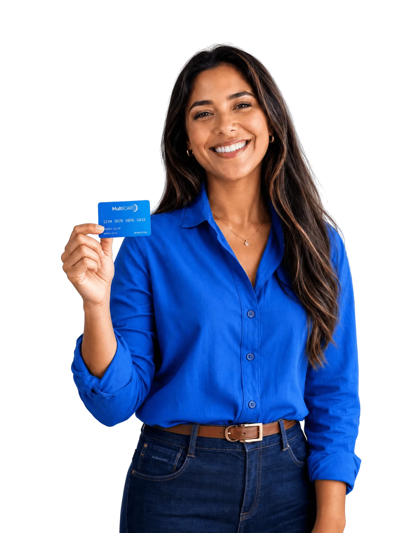 Colaboradora sorrindo segurando o cartão NutriCard Multi