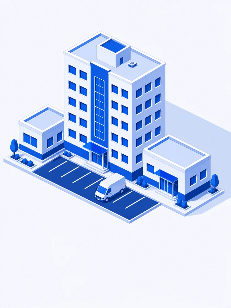 Ilustração de uma média empresa: prédio de cinco andares com anexos